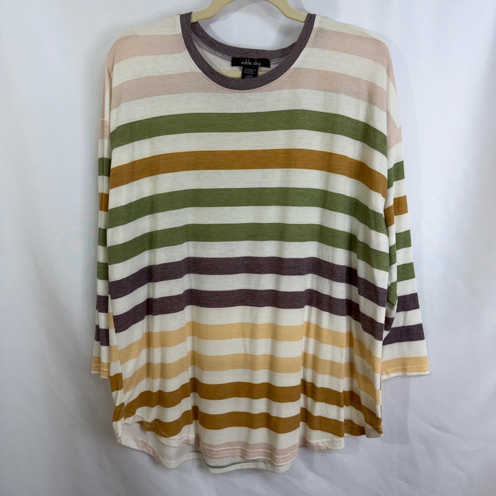 Sable Sky Striped Long‎ Sleeve Crew Neck Tunic Top Women's 2X Boxy Fit